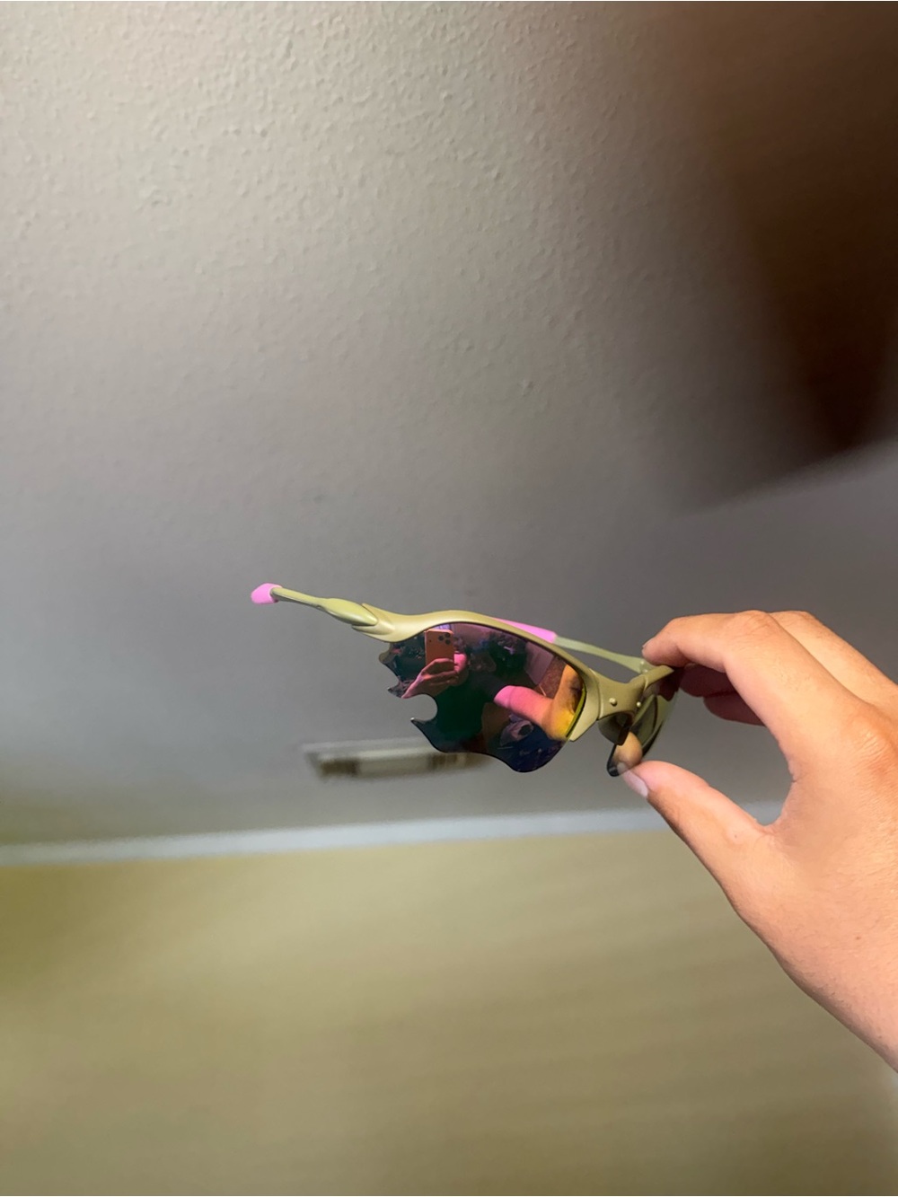 Olive Green and Pink Sport Sunglasses with Mirrored Lens